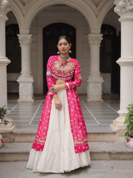 Ethnic Rani Pink Bandhani Kutchi work Kurti with White Flared Lehenga