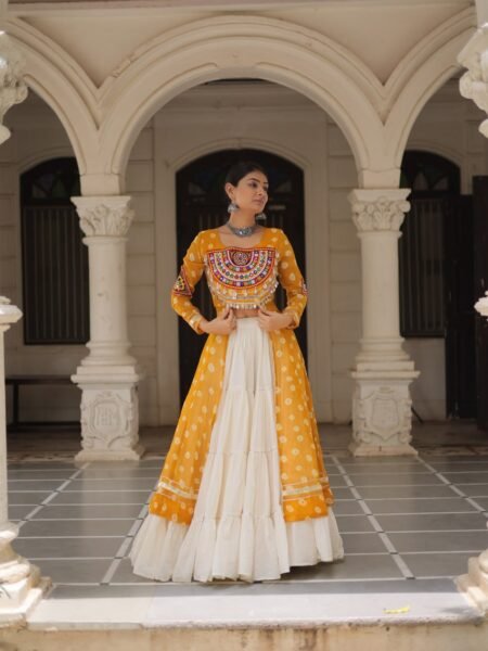 Ethnic Mustard Bandhani Kutchi work Kurti with White Flared Lehenga
