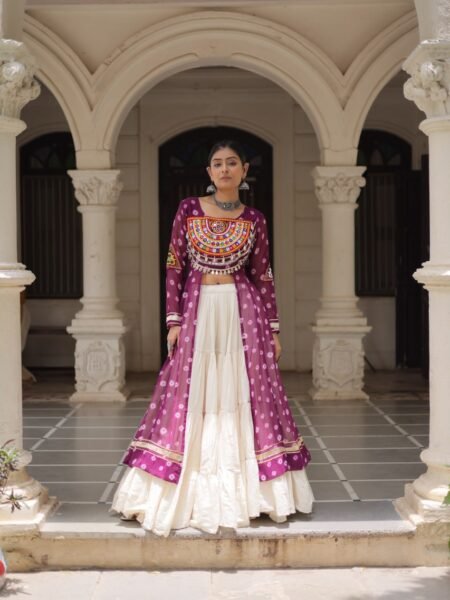 Ethnic Purple Bandhani Kutchi work Kurti with White Flared Lehenga