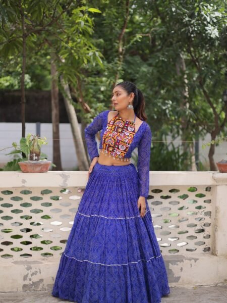Beautiful Gamthi work Bandhani Blue Georgette Lehenga Choli Set for Women