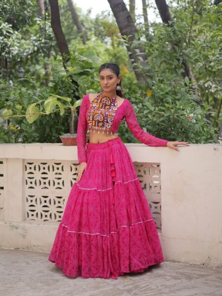 Beautiful Gamthi work Bandhani Rani PInk Georgette Lehenga Choli Set for Women