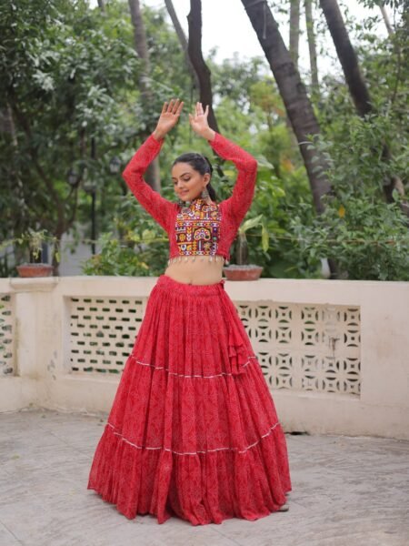 Beautiful Gamthi work Bandhani Red Georgette Lehenga Choli Set for Women