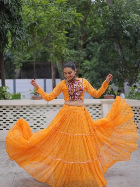 Beautiful Gamthi work Bandhani Yellow Georgette Lehenga Choli Set for Women