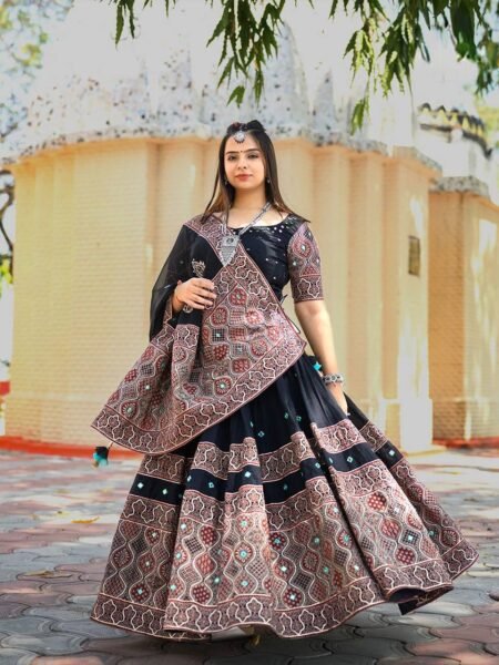 Ethnic Black Crepe Silk Flared Lehenga Choli with Real Mirror Work & Georgette Dupatta