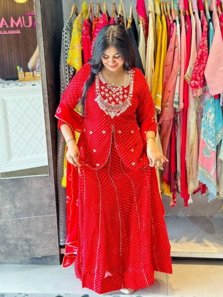 Ethnic Red Bandhani Print Georgette Lehenga Choli Set for Festive Wear