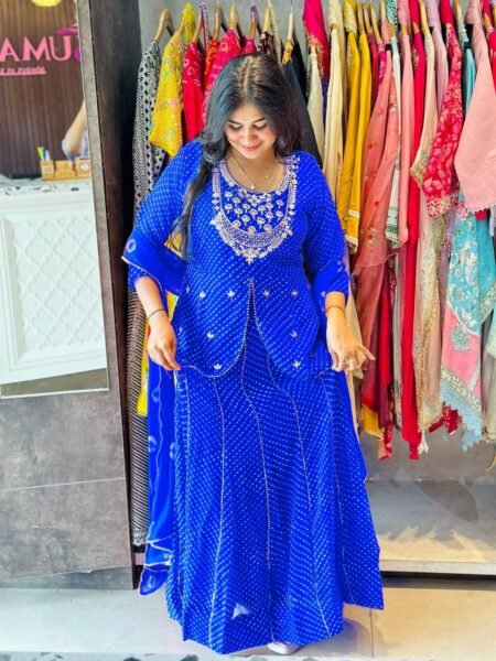 Ethnic Royal Blue Bandhani Print Georgette Lehenga Choli Set for Festive Wear