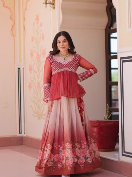 Designer Gajri Chiffon Paplum Top with Beads Embroidery & Floral Printed Lehenga