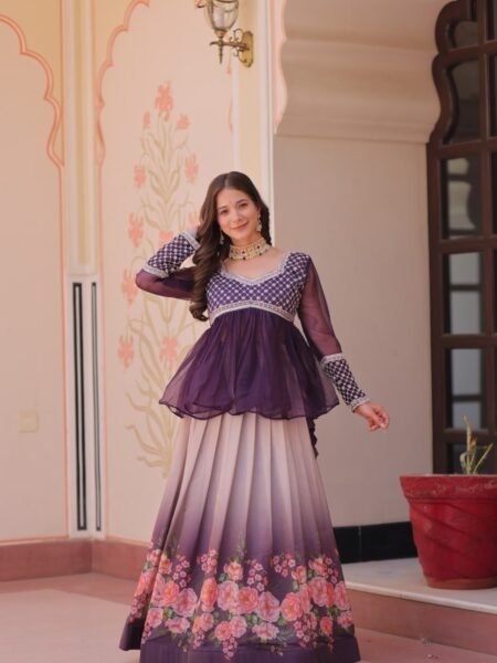 Designer Purple Chiffon Paplum Top with Beads Embroidery & Floral Printed Lehenga