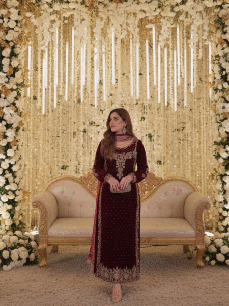 Nayab-e-Naaz Velvet Set Cherry Red Viscose Velvet Suit with Moti & Sequence Detailing