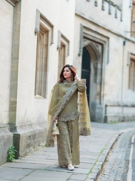 Haniya Olive Gold Luxe French Crepe Palazzo Set