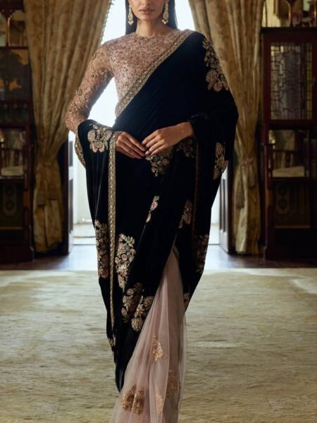 Beautiful Velvet Net Saree & Blouse with Sequins Thread & Dori Work