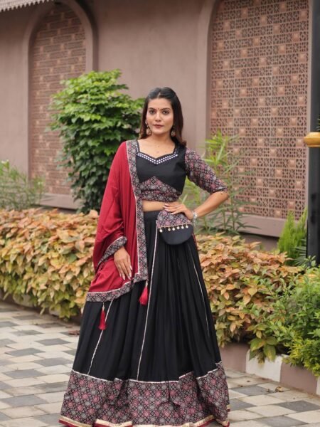 Cotton Chaniya Choli with Mirror, Ajrakh Work & Beautiful Hand Purse