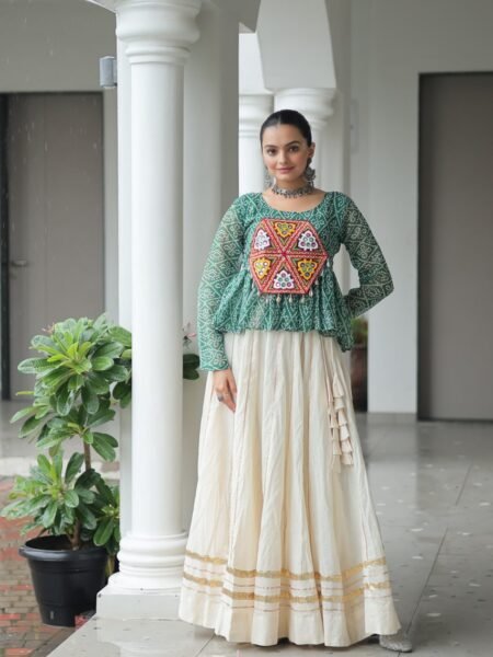 Ethnic Green Cotton Lehenga & Bandhani Print Top with Kutchi Gamthi work