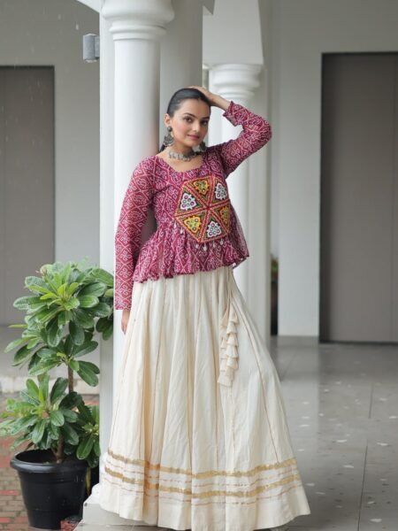 Ethnic Pink Cotton Lehenga & Bandhani Print Top with Kutchi Gamthi work