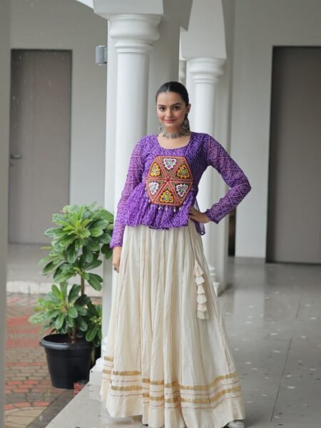 Ethnic Purple Cotton Lehenga & Bandhani Print Top with Kutchi Gamthi work