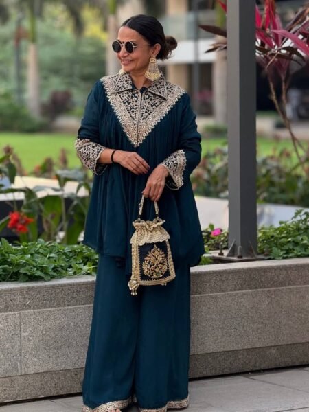 Classy Chinon Embroidered Kurta Palazzo Set in Blue