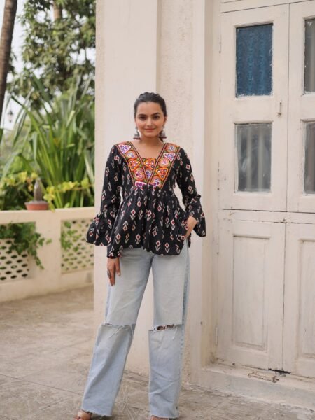 Black Cotton Print Short Kurti with Kutchi Patchwork