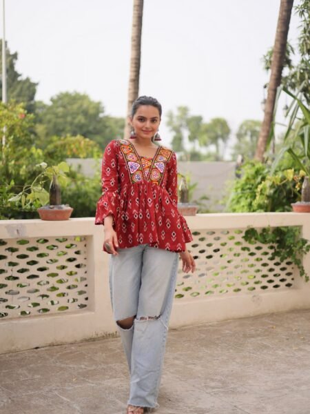 Red Cotton Print Short Kurti with Kutchi Patchwork