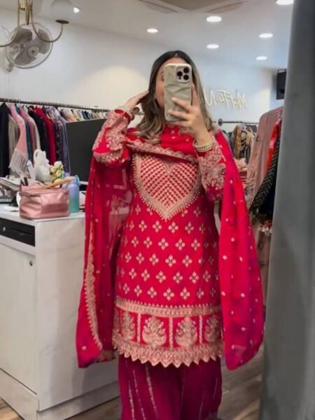 Designer Rani Pink Chinon Silk Kurta Sharara Set with Sequins Embroidery