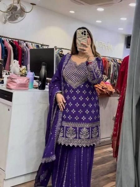 Designer Purple Chinon Silk Kurta Sharara Set with Sequins Embroidery