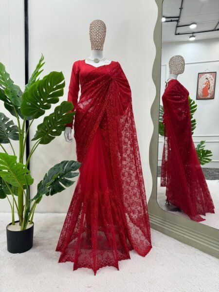 Elegant Red Soft Net Embroidered Saree with Silk Blouse