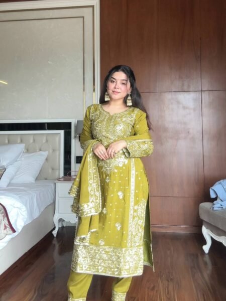 Premium Green Chinon Embroidered Kurti Set for Festive Wear