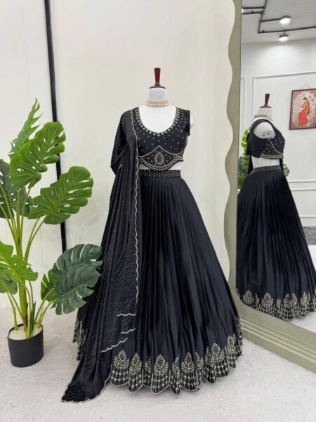 Classy Black Satin Silk Lehenga Choli Set with Real Mirror work