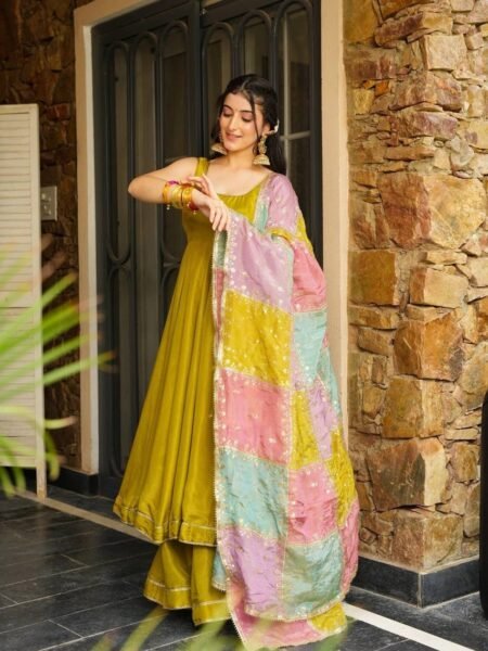Elegant Chinon Anarkali Suit with Pant & Dupatta