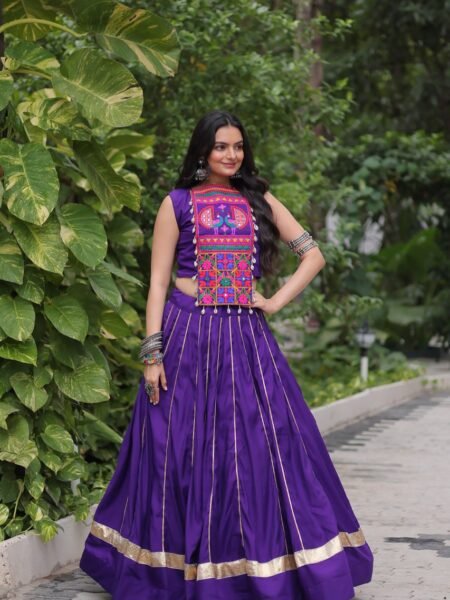 Navratri Special Purple Roman Lehenga Choli with Gamthi & Mirror Work
