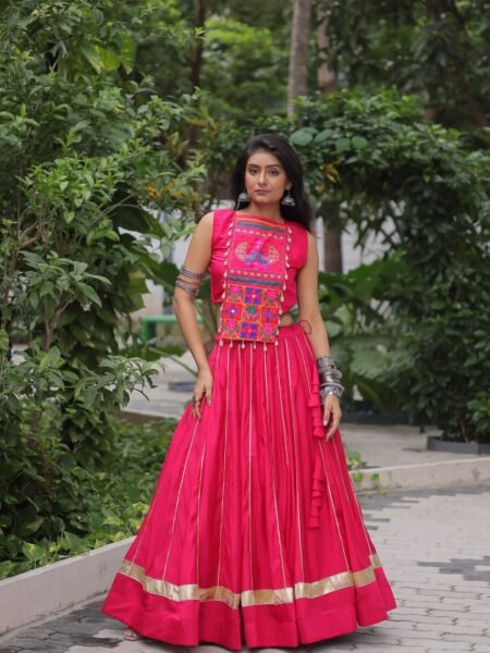 Navratri Special Pink Roman Lehenga Choli with Gamthi & Mirror Work