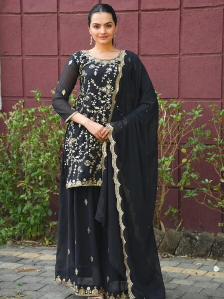 Classy Black Sequins Embroidery Georgette Sharara Set