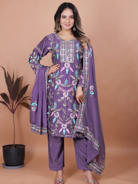 Alluring Chinon Coding Sequins Embroidery Work Suit
