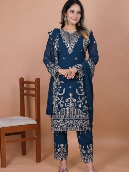 Beautiful Blue Coding Sequence Embroidery Work Suit