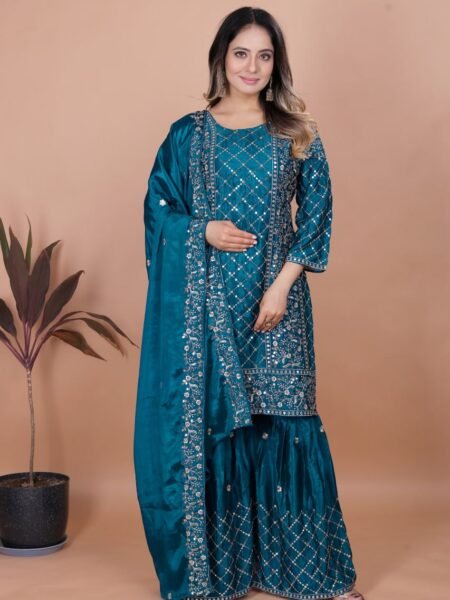 Ethnic Chinon Sequins Embroidery Work Sharara Set