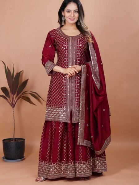 Elegant Maroon Chinon Sequins Embroidery Work Sharara Set