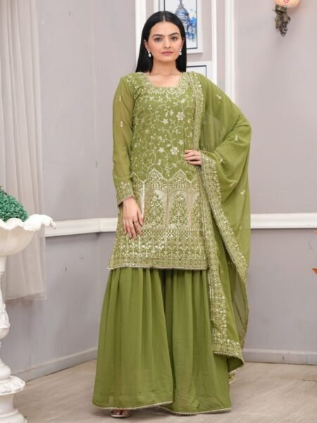Ethnic Green Georgette Sequins Embroidery Work Sharara Set