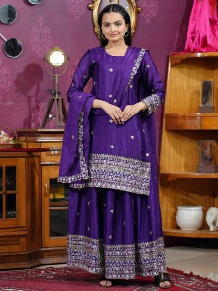 Traditional Purple Sequins Embroidery Work Sharara set
