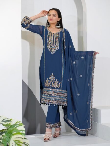Ethnic Georgette Kurta Set with Lace & Sequins Embroidery