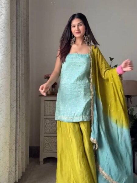 Classy Chinon Silk Kurta Palazzo Set with Thread & Sequins Embroidery