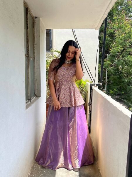 Beautiful Lavender Crunchy Silk Embroidery Sequins Work Sharara Set