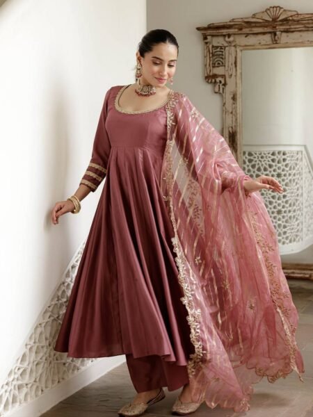 Beautiful Roman Silk Embroidered Gown with Palazzo and Banarasi Silk Dupatta