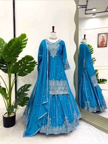 Designer Blue Chinon silk Thread & Sequins Embroidered Lehenga Choli Set