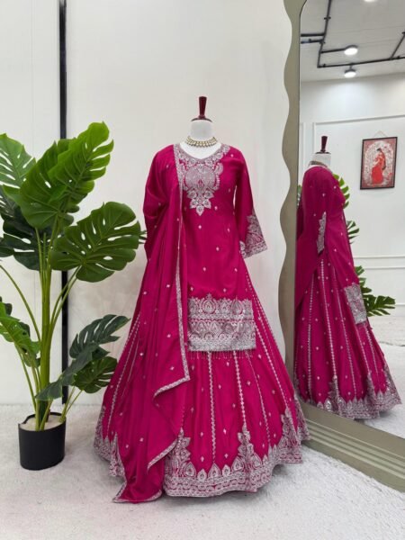Designer Pink Chinon silk Thread & Sequins Embroidered Lehenga Choli Set