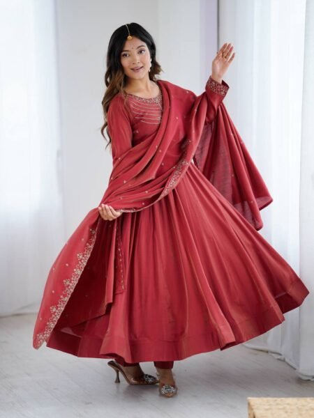 Elegant Maroon Roman Shimmer Chanderi Silk Anarkali Suit