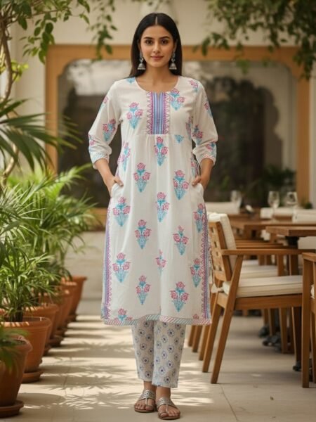 100 % Cotton Sanganeri Printed Kurti & Pant