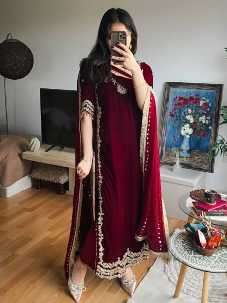Cherry Red Noor Velvet Embroidered Suit