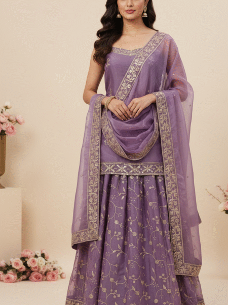 Gorgeous Lavender Organza Embroidery With Sequin Work Sharara Set