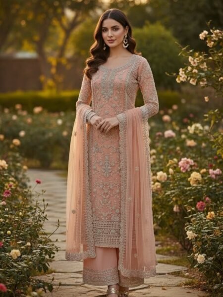 Beautiful Net Pakistani Suit with Mirror Embroidery Work for Functions