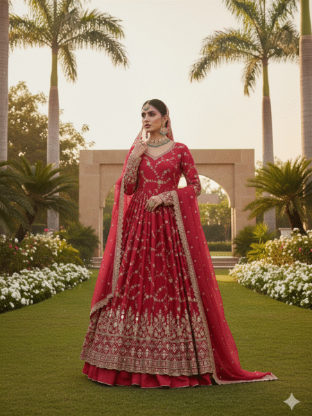 Elegant Chinon Embroidered Sequin & Mirror Work Anarkali Gown