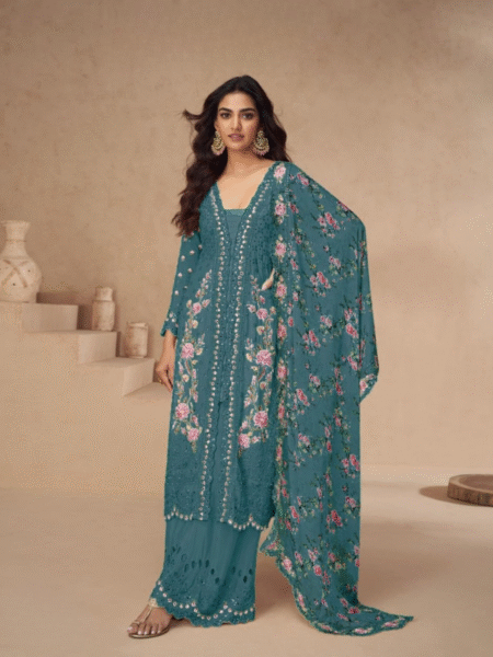 Petrol Blue Chinon Mirage Suit with Beautiful Embroidery Work for Parties